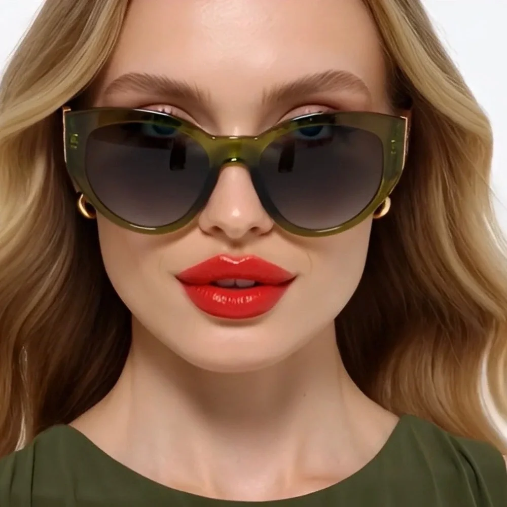 Olive Green Oversized Cat Eye Sunglasses Women Luxury Trendy Outdoor Retro New‎